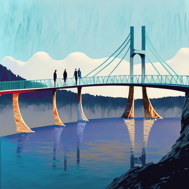 Et bilde av en bro med noen mennesker som går over. Bildet skal symbolisere at NAV og Fylkeskommunene er sammen om å få flere til å fullføre fag- og yrkesopplæring. 